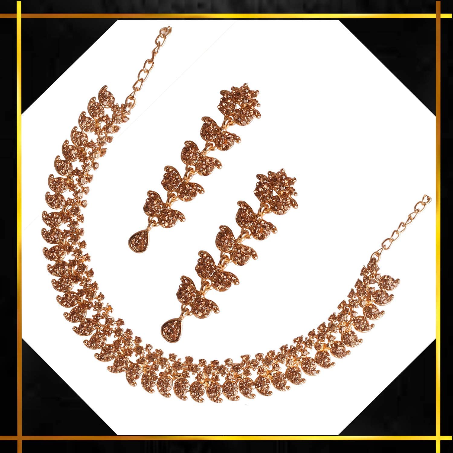 Touchstone Hollywood Glamour crystals rhinestones paisley motif grand jewelry necklace in antique gold or white tone for women - Image 7